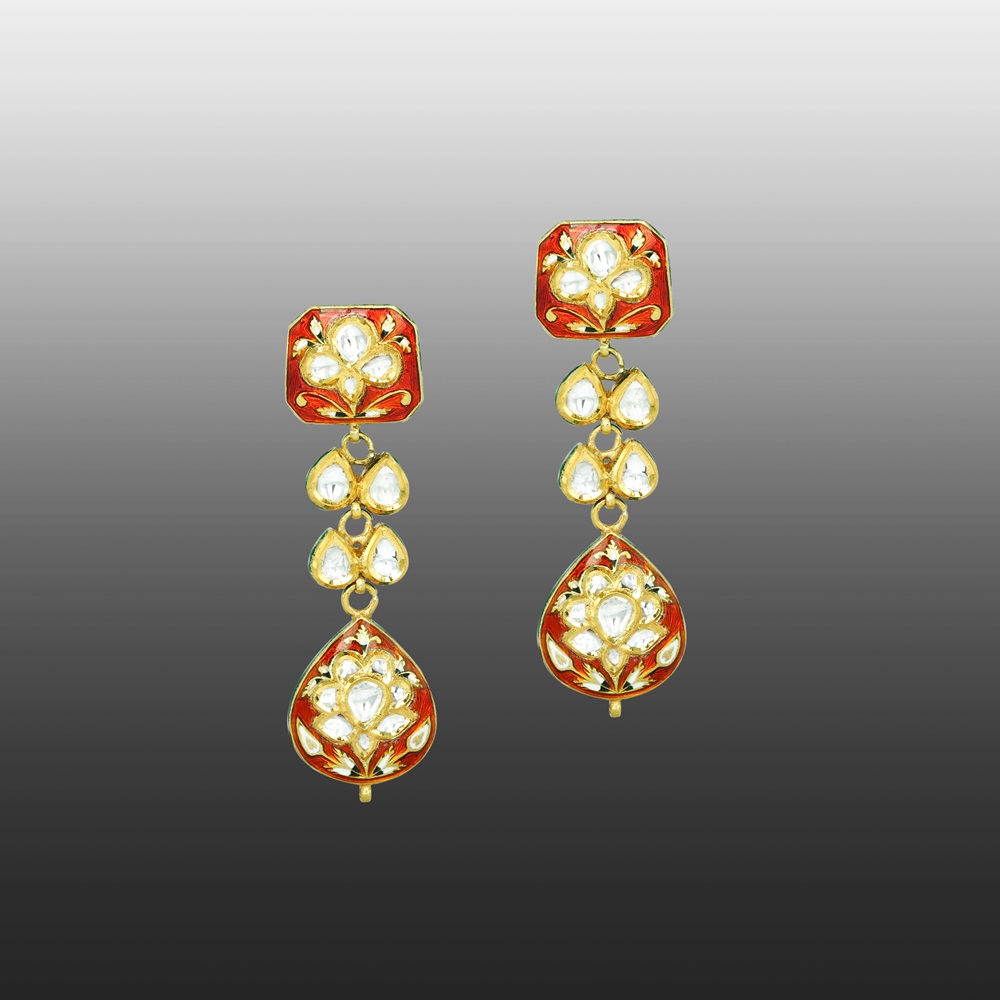 Polki Teardrop Earrings with Red Enamel